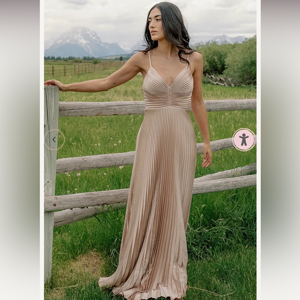 Vivian Satin Pleated Dress, Revelry, Gold Champagne Bridesmaid Dress